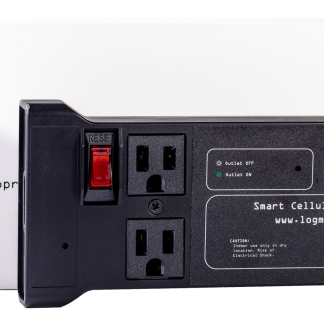 Logmor Cellular Smart Outlet side view next to packaging box