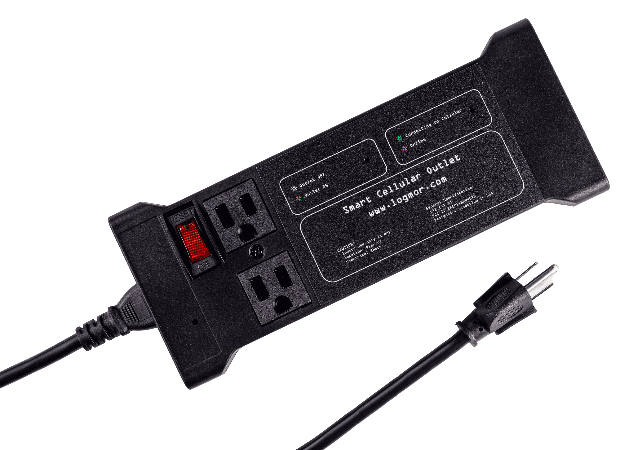 Logmor Cellular Smart Outlet side view displaying plugged-in cord
