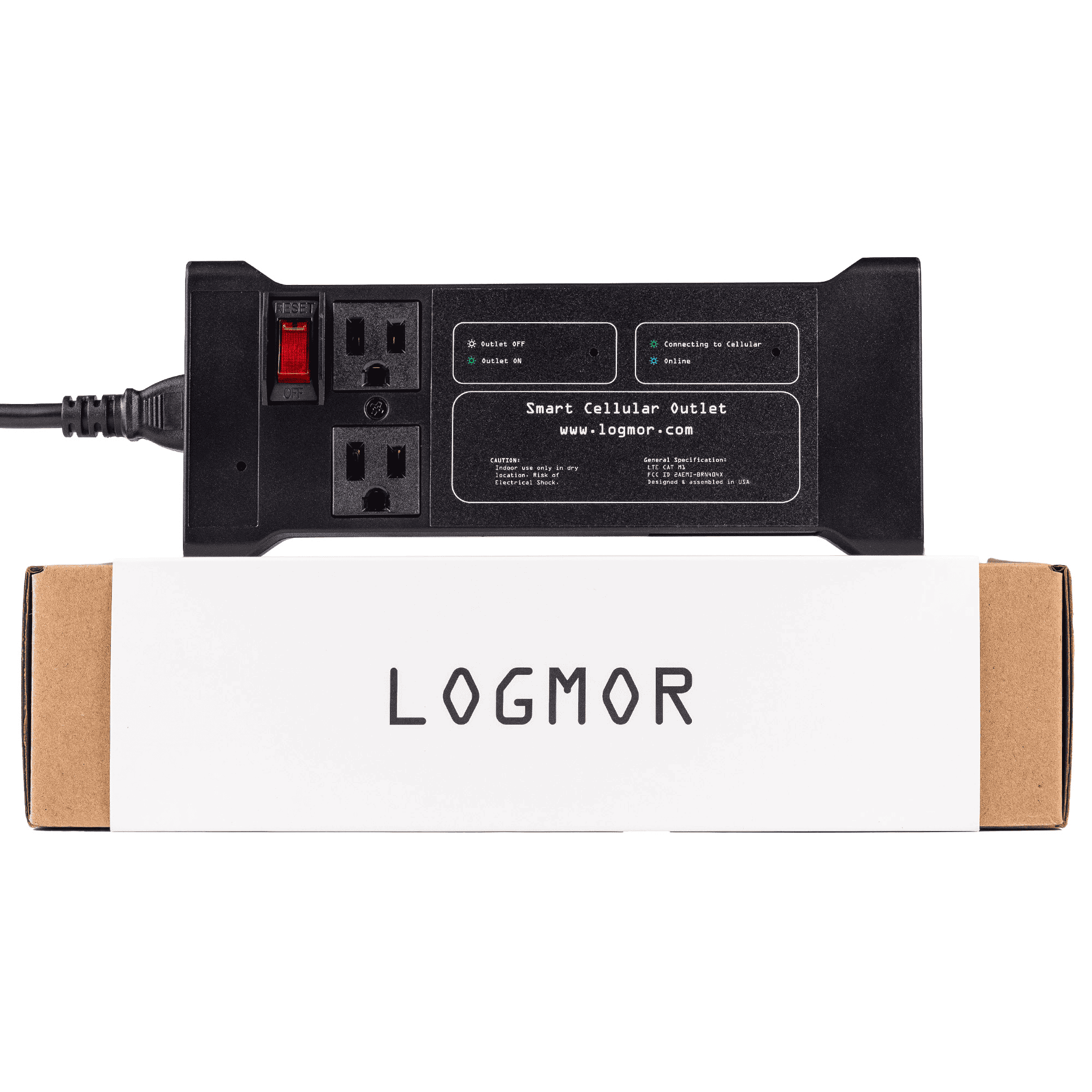 Logmor Cellular Smart Outlet on top of box